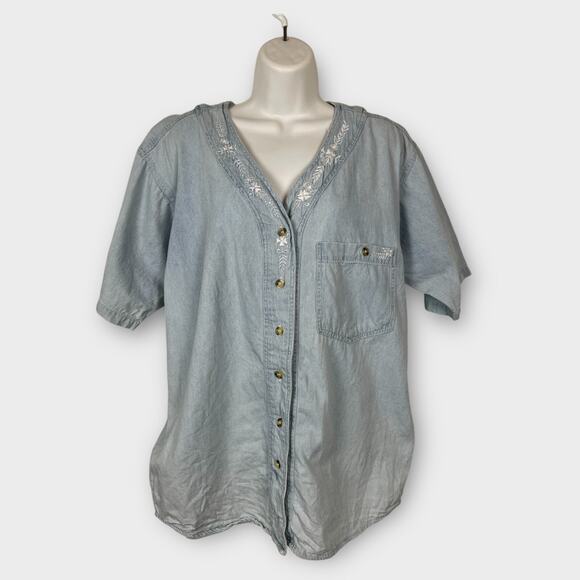 Vintage 90s Miramax Chambray Denim Sort Sleeve Button Top Embroidered Medium - Picture 2 of 7